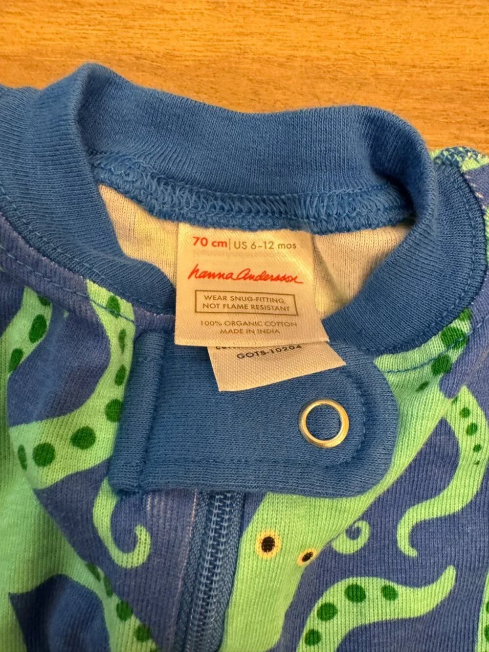 Hanna Andersson Octopus Short Sleeve Zip Romper Blue & Green 6-12M — Like New
